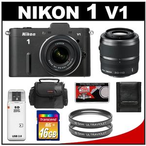 Nikon 1 V1 Digital Camera Body with 10-30mm & 30-110mm VR Lens (Black) with 16GB Card + Case + (2) UV Filters + Accessory Kit - Digital Cameras and Accessories - Hip Lens.com