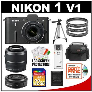 Nikon 1 V1 Digital Camera Body with 10-30mm & 30-110mm VR Lens (Black) with 10mm f/2.8 Lens + 32GB Card + Case + Filters + Tripod + Accessory Kit - Digital Cameras and Accessories - Hip Lens.com