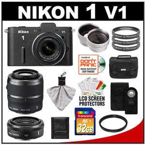 Nikon 1 V1 Digital Camera Body with 10-30mm & 30-110mm VR Lens (Black) with 10mm f/2.8 Lens + 32GB Card + Case + Filters + Remote + Telephoto & Wide Lens Kit - Digital Cameras and Accessories - Hip Lens.com
