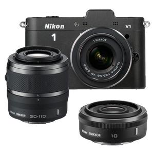 Nikon 1 V1 Digital Camera Body with 10-30mm & 30-110mm VR Lens (Black) with 10mm f/2.8 Nikkor Lens + Cleaning Kit - Digital Cameras and Accessories - Hip Lens.com