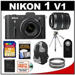 Nikon 1 V1 Digital Camera Body with 10-30mm & 30-110mm VR Lens (Black) with 32GB Card + Backpack Case + Tripod + 2 Filters + Remote + Accessory Kit - Digital Cameras and Accessories - Hip Lens.com