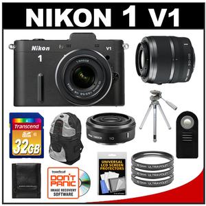 Nikon 1 V1 Digital Camera Body with 10-30mm & 30-110mm VR Lens (Black) with 10mm f/2.8 Lens + 32GB Card + Backpack + Tripod + 3 Filters + Remote + Accessory Kit - Digital Cameras and Accessories - Hip Lens.com