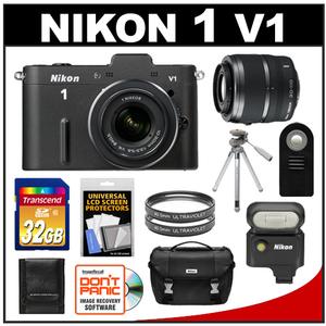 Nikon 1 V1 Digital Camera Body with 10-30mm & 30-110mm VR Lens (Black) with SB-N5 Flash + 32GB Card + Case + Tripod + 2 Filters + Remote + Accessory Kit - Digital Cameras and Accessories - Hip Lens.com