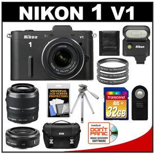 Nikon 1 V1 Digital Camera Body with 10-30mm & 30-110mm VR Lens (Black) with 10mm f/2.8 Lens + SB-N5 Flash + 32GB Card + Case + Tripod + 3 Filters + Accessory Ki - Digital Cameras and Accessories - Hip Lens.com