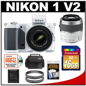 Nikon 1 V2 Digital Camera Body with 10-30mm VR Lens (White) with 30-110mm VR Lens + 16GB Card + Case + 2 Filters + Accessory Kit