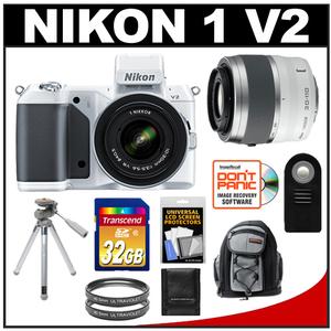 Nikon 1 V2 Digital Camera Body with 10-30mm VR Lens (White) with 30-110mm VR Lens + 32GB Card + Backpack + Tripod + 2 Filters + Accessory Kit