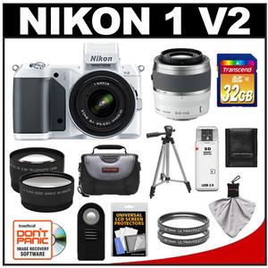 Nikon 1 V2 Digital Camera Body with 10-30mm VR Lens (White) with 30-110mm VR Lens + 32GB Card + Case + Tripod + Filters + 2 Lens Set + Accessory Kit