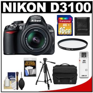 Nikon D3100 Digital SLR Camera & 18-55mm G VR DX AF-S Zoom Lens - Factory Refurbished with 16GB Card + Case + Filter + Tripod + Accessory Kit