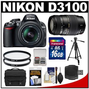Nikon D3100 Digital SLR Camera & 18-55mm G VR DX AF-S Zoom Lens - Factory Refurbished with Tamron 70-300mm Di Zoom Lens + 16GB Card + Case + 2 Filters + Tripod + Accessory Kit