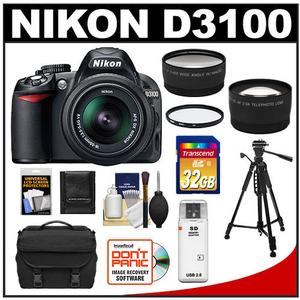 Nikon D3100 Digital SLR Camera & 18-55mm G VR DX AF-S Zoom Lens - Refurbished with 32GB Card + Case + 2x Telephoto and .45x Wide Angle Lens + Filter + Tripod +  - Digital Cameras and Accessories - Hip Lens.com