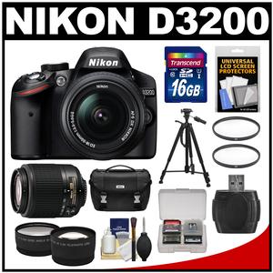 Nikon D3200 Digital SLR Camera & 18-55mm & 55-200mm DX AF-S Zoom Lens and Case with 16GB Card + Filters + Tripod + Tele/Wide Lens Kit