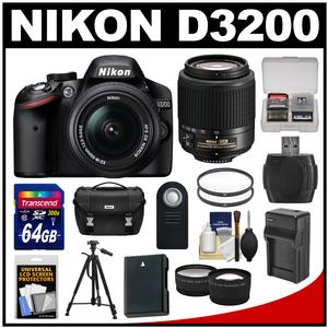 Nikon D3200 Digital SLR Camera & 18-55mm & 55-200mm DX AF-S Zoom Lens and Case with 64GB Card + Battery & Charger + Tripod + Tele/Wide Lenses + Kit