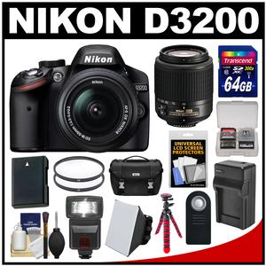 Nikon D3200 Digital SLR Camera & 18-55mm & 55-200mm DX AF-S Zoom Lens and Case with 64GB Card + Flash + Battery & Charger + Tripod + Filters + Kit