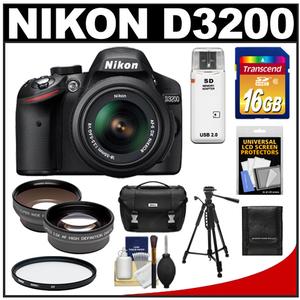 Nikon D3200 Digital SLR Camera & 18-55mm G VR DX AF-S Zoom Lens (Black) with 16GB Card + Case + Filter + Tripod + Telephoto & Wide-Angle Lenses + Accessory Kit