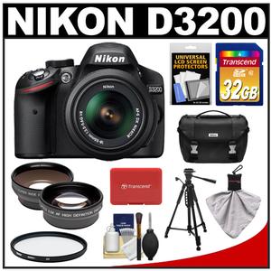 Nikon D3200 Digital SLR Camera & 18-55mm G VR DX AF-S Zoom Lens (Black) with 32GB Card + Case + Filter + Tripod + Telephoto & Wide-Angle Lenses + Accessory Kit - Digital Cameras and Accessories - Hip Lens.com