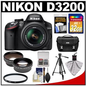Nikon D3200 Digital SLR Camera & 18-55mm G VR DX AF-S Zoom Lens (Black) with 32GB Card + Case + Filter + Tripod + Telephoto & Wide-Angle Lenses + Accessory Kit