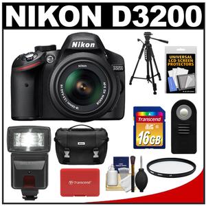 Nikon D3200 Digital SLR Camera & 18-55mm G VR DX AF-S Zoom Lens (Black) with 16GB Card + Flash + Case + Filter + Remote + Tripod + Accessory Kit - Digital Cameras and Accessories - Hip Lens.com