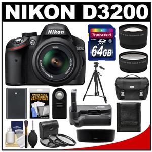 Nikon D3200 Digital SLR Camera & 18-55mm G VR DX AF-S Zoom Lens (Black) with 64GB Card + Case + Battery + Grip + Tripod + Lens Set + 2 Lenses + 3 Filters Kit