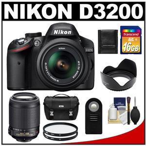 Nikon D3200 Digital SLR Camera & 18-55mm G VR DX AF-S Zoom Lens (Black) with 55-200mm VR Lens + 16GB Card + Case + Filters + Remote + Accessory Kit