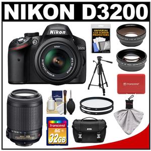 Nikon D3200 Digital SLR Camera & 18-55mm G VR DX AF-S Zoom Lens (Black) + 55-200mm VR Lens + 32GB Card + Case + Filters + Tripod + Telephoto & Wide-Angle Lens K - Digital Cameras and Accessories - Hip Lens.com
