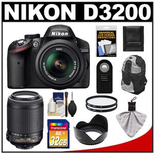 Nikon D3200 Digital SLR Camera & 18-55mm G VR DX AF-S Zoom Lens (Black) with 55-200mm VR Lens + 32GB Card + Backpack + Filters + Remote + Accessory Kit - Digital Cameras and Accessories - Hip Lens.com