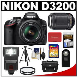 Nikon D3200 Digital SLR Camera & 18-55mm G VR DX AF-S Zoom Lens (Black) + 55-200mm VR Lens + 16GB Card + Flash + Case + Filters + Remote + Tripod + Accessory Ki - Digital Cameras and Accessories - Hip Lens.com