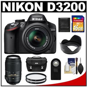 Nikon D3200 Digital SLR Camera & 18-55mm G VR DX AF-S Zoom Lens (Black) with 55-300mm VR Lens + 16GB Card + Case + Filters + Remote + Accessory Kit - Digital Cameras and Accessories - Hip Lens.com