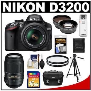 Nikon D3200 Digital SLR Camera & 18-55mm G VR DX AF-S Zoom Lens (Black) + 55-300mm VR Lens + 16GB Card + Case + Filters + Tripod + Telephoto & Wide-Angle Lens K - Digital Cameras and Accessories - Hip Lens.com