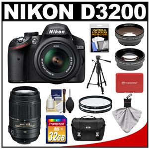 Nikon D3200 Digital SLR Camera & 18-55mm G VR DX AF-S Zoom Lens (Black) + 55-300mm VR Lens + 32GB Card + Case + Filters + Tripod + Telephoto & Wide-Angle Lens K - Digital Cameras and Accessories - Hip Lens.com