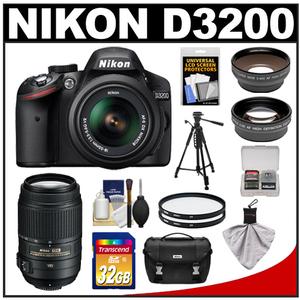 Nikon D3200 Digital SLR Camera & 18-55mm G VR DX AF-S Zoom Lens (Black) + 55-300mm VR Lens + 32GB Card + Case + Filters + Tripod + Telephoto & Wide-Angle Lens Kit