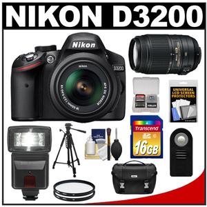 Nikon D3200 Digital SLR Camera & 18-55mm G VR DX AF-S Zoom Lens (Black) + 55-300mm VR Lens + 16GB Card + Flash + Case + Filters + Remote + Tripod + Accessory Kit