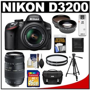 Nikon D3200 Digital SLR Camera & 18-55mm G VR DX AF-S Zoom Lens (Black) with Tamron 70-300mm Lens + 16GB Card + Case + Filters + Tripod + Tele/Wide-Angle Lens K - Digital Cameras and Accessories - Hip Lens.com
