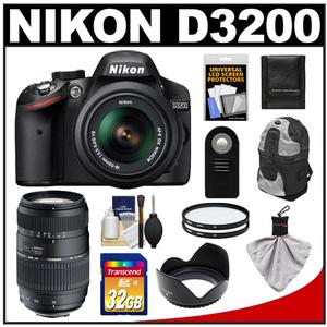 Nikon D3200 Digital SLR Camera & 18-55mm G VR DX AF-S Zoom Lens (Black) with Tamron 70-300mm Lens + 32GB Card + Backpack + Filters + Remote + Accessory Kit - Digital Cameras and Accessories - Hip Lens.com