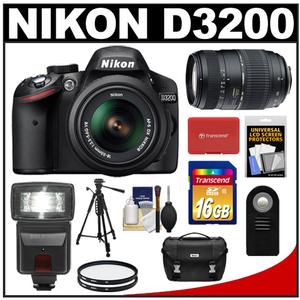 Nikon D3200 Digital SLR Camera & 18-55mm G VR DX AF-S Zoom Lens (Black) with Tamron 70-300mm Lens + 16GB Card + Flash + Case + Filters + Remote + Tripod Kit - Digital Cameras and Accessories - Hip Lens.com