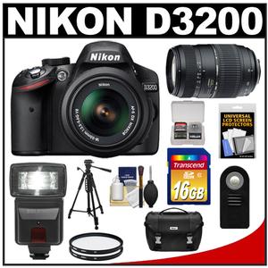 Nikon D3200 Digital SLR Camera & 18-55mm G VR DX AF-S Zoom Lens (Black) with Tamron 70-300mm Lens + 16GB Card + Flash + Case + Filters + Remote + Tripod Kit