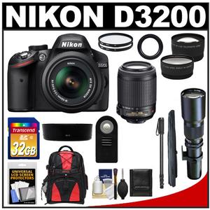 Nikon D3200 Digital SLR Camera & 18-55mm G VR DX AF-S Zoom Lens (Black) with 55-200mm VR & 500mm Tele Lens + 32GB Card + Monopod + Backpack + 2 Lens Kit - Digital Cameras and Accessories - Hip Lens.com