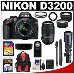 Nikon D3200 Digital SLR Camera & 18-55mm G VR DX AF-S Zoom Lens (Black) with 55-300mm VR & 500mm Tele Lens + 32GB Card + Monopod + Backpack + 2 Lens Kit - Digital Cameras and Accessories - Hip Lens.com