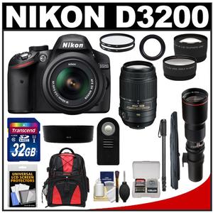 Nikon D3200 Digital SLR Camera & 18-55mm G VR DX AF-S Zoom Lens (Black) with 55-300mm VR & 500mm Tele Lens + 32GB Card + Monopod + Backpack + 2 Lens Kit