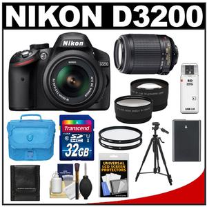Nikon D3200 Digital SLR Camera & 18-55mm G VR DX AF-S Zoom Lens (Black) with 55-200mm VR Lens + 32GB Card + Case + Battery + Tripod + Tele/Wide-Angle Lens Kit