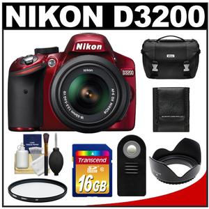 Nikon D3200 Digital SLR Camera & 18-55mm G VR DX AF-S Zoom Lens (Red) with 16GB Card + Case + Filter + Remote + Accessory Kit - Digital Cameras and Accessories - Hip Lens.com