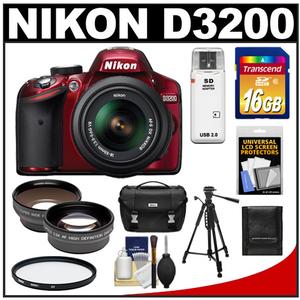 Nikon D3200 Digital SLR Camera & 18-55mm G VR DX AF-S Zoom Lens (Red) with 16GB Card + Case + Filter + Tripod + Telephoto & Wide-Angle Lenses + Accessory Kit - Digital Cameras and Accessories - Hip Lens.com