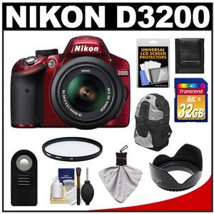 Nikon D3200 Digital SLR Camera & 18-55mm G VR DX AF-S Zoom Lens (Red) with 32GB Card + Backpack + Filter + Remote + Accessory Kit - Digital Cameras and Accessories - Hip Lens.com