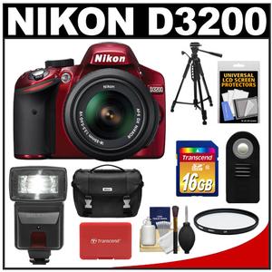 Nikon D3200 Digital SLR Camera & 18-55mm G VR DX AF-S Zoom Lens (Red) with 16GB Card + Flash + Case + Filter + Remote + Tripod + Accessory Kit - Digital Cameras and Accessories - Hip Lens.com