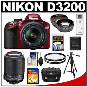 Nikon D3200 Digital SLR Camera & 18-55mm G VR DX AF-S Zoom Lens (Red) + 55-200mm VR Lens + 16GB Card + Case + Filters + Tripod + Telephoto & Wide-Angle Lens Kit - Digital Cameras and Accessories - Hip Lens.com