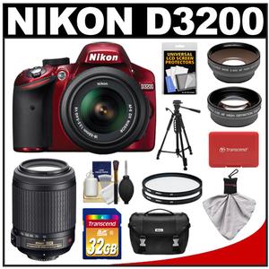 Nikon D3200 Digital SLR Camera & 18-55mm G VR DX AF-S Zoom Lens (Red) + 55-200mm VR Lens + 32GB Card + Case + Filters + Tripod + Telephoto & Wide-Angle Lens Kit - Digital Cameras and Accessories - Hip Lens.com