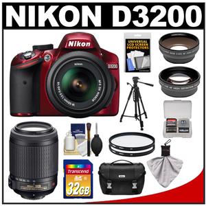 Nikon D3200 Digital SLR Camera & 18-55mm G VR DX AF-S Zoom Lens (Red) + 55-200mm VR Lens + 32GB Card + Case + Filters + Tripod + Telephoto & Wide-Angle Lens Kit