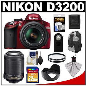 Nikon D3200 Digital SLR Camera & 18-55mm G VR DX AF-S Zoom Lens (Red) with 55-200mm VR Lens + 32GB Card + Backpack + Filters + Remote + Accessory Kit - Digital Cameras and Accessories - Hip Lens.com