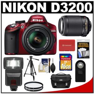 Nikon D3200 Digital SLR Camera & 18-55mm G VR DX AF-S Zoom Lens (Red) + 55-200mm VR Lens + 16GB Card + Flash + Case + Filters + Remote + Tripod + Accessory Kit - Digital Cameras and Accessories - Hip Lens.com