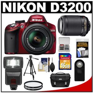 Nikon D3200 Digital SLR Camera & 18-55mm G VR DX AF-S Zoom Lens (Red) + 55-200mm VR Lens + 16GB Card + Flash + Case + Filters + Remote + Tripod + Accessory Kit