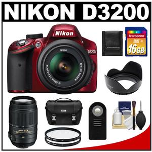 Nikon D3200 Digital SLR Camera & 18-55mm G VR DX AF-S Zoom Lens (Red) with 55-300mm VR Lens + 16GB Card + Case + Filters + Remote + Accessory Kit - Digital Cameras and Accessories - Hip Lens.com